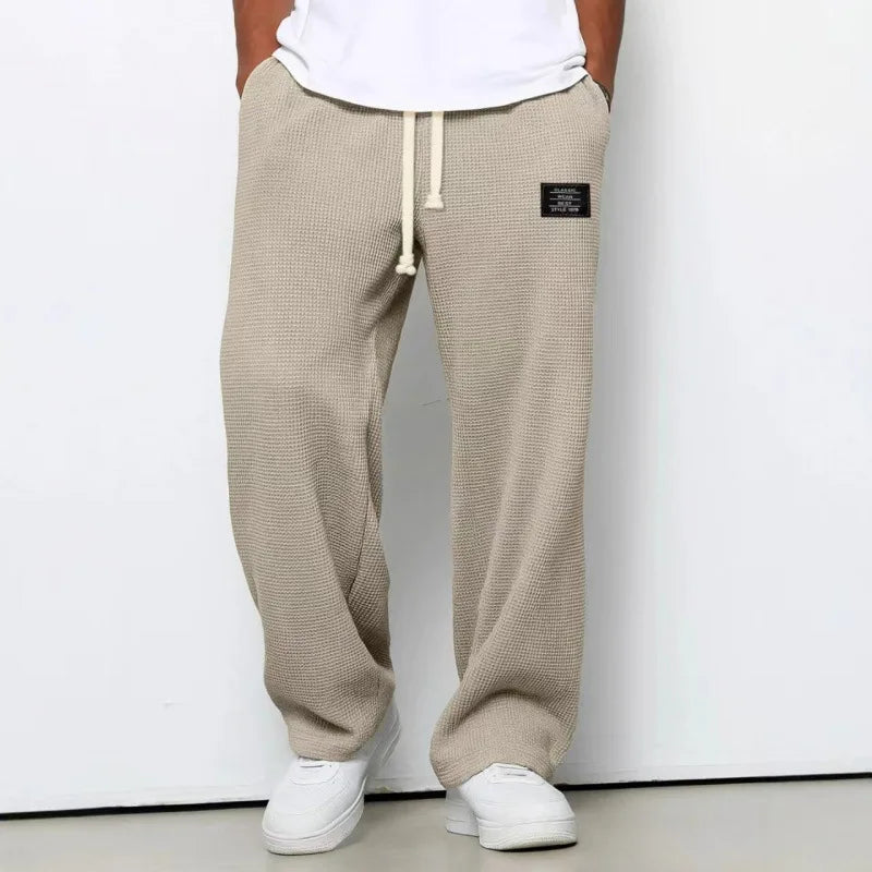 American Style Men's Waffle Textured Wide Leg Sweatpants Drawstring Elastic Waist Casual Loose Fit Streetwear Joggers