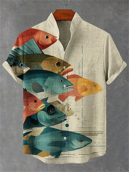 Men's short-sleeved shirt, samurai ink painting print, loose and breathable casual top, trendy retro design Hawaiian shirt.