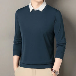 2026 New Men's Fake Two Piece Polo Shirt Casual Fashion Long Sleeve Collar T-shirt Versatile Top