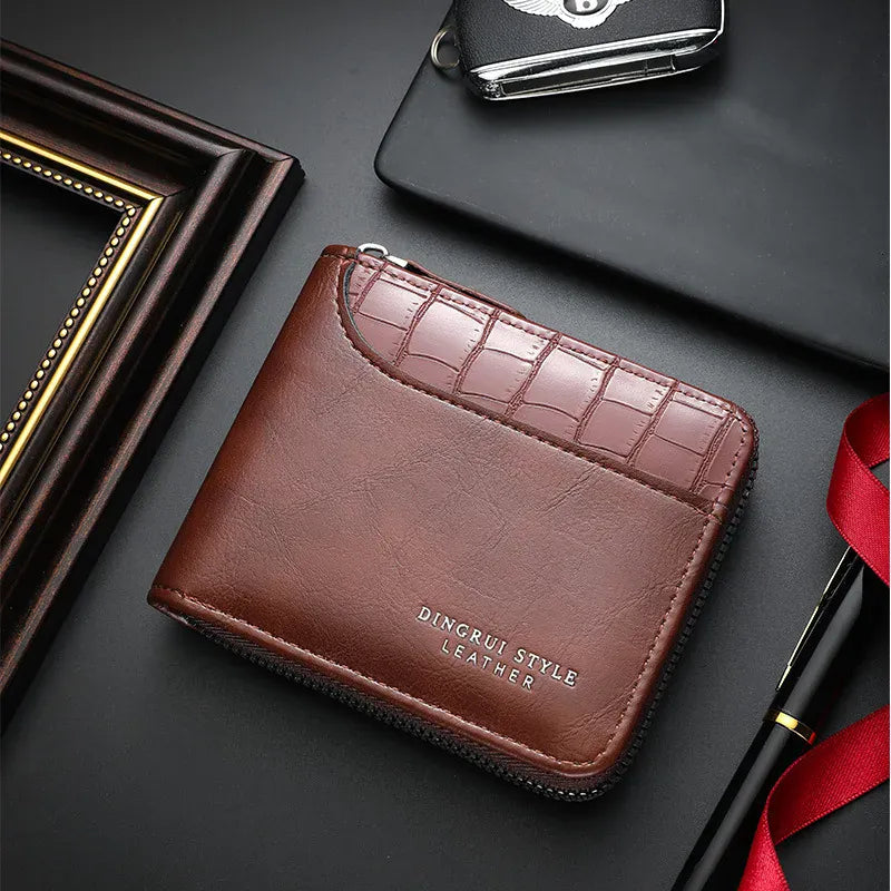 Leather Men’s Wallet Luxury Mens Purse Male Zipper Card Holders with Coin Pocket Rfid Wallets Gifts Men Money Bag Birthday Gifts