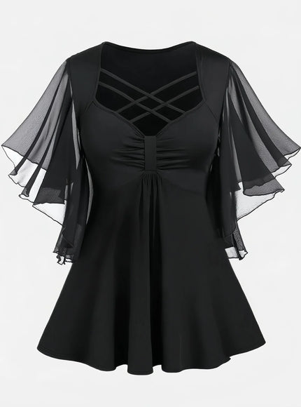 Women's Plus Size Blouses Crisscross Strappy Chiffon Butterfly Sleeve Shirts and Blouses for Lady Short Sleeve Ruched Top Summer