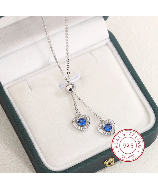 Classic Double Heart Blue Zircon Pendant Necklace 925