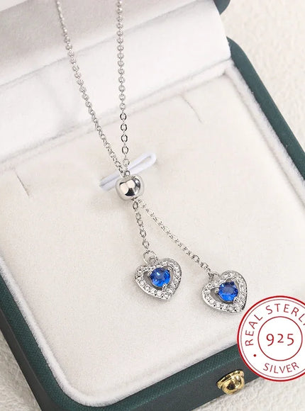 Classic Double Heart Blue Zircon Pendant Necklace - Sparkle