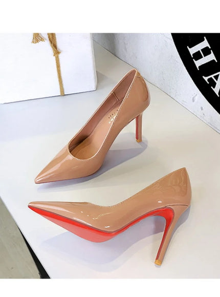 Fashionable Simple Slim Heels High Heels Glossy Patent