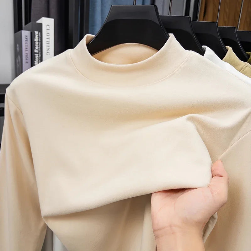 2026 New Men's Casual Solid Color High Collar Velvet Long Sleeve T-shirt Spring and Autumn Versatile Comfortable Top