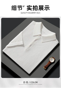 Business High-End Quality Men's Silk Pullover Short Sleeved POLO Neck Solid Color Breathable T-Shirt Knit Bottom Top 2023 Summer