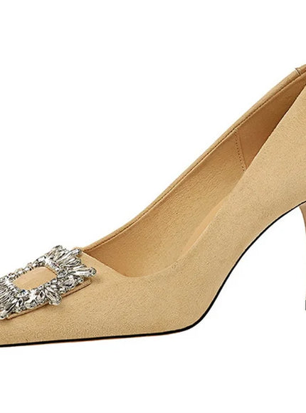 Fashion Women High Heels Metal Rhinestone Buckle Square