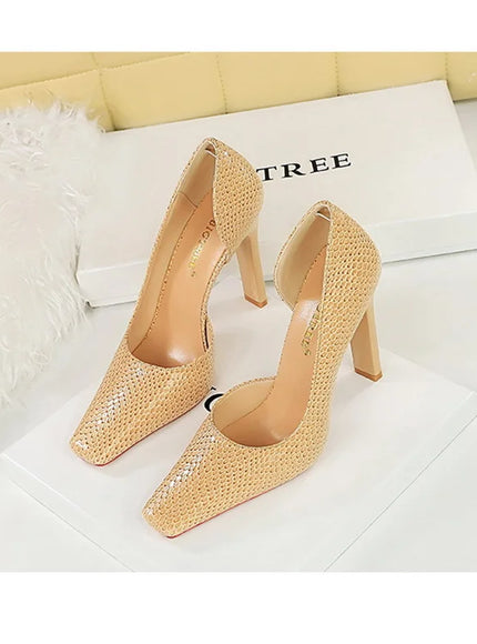 Woman Vintage Snake Print Pumps Square Toe Patent