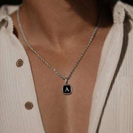 Initials Necklaces for Men Women,A-Z 26 Letters Black Square Stainless Steel Pendant Collar,45-60CM Twisted Rope Chain Gifts