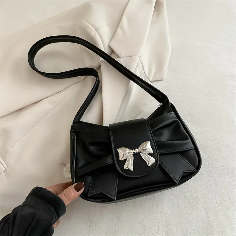 Dropshipman Black-Bow Trendy Bow Shoulder Bag Handbag Casual Underarm Bag Daily Commuting Bags PU Leather Lady Banquet Bag Business Women's Bags