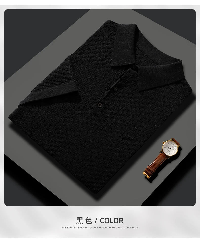 Business High-End Quality Men's Silk Pullover Short Sleeved POLO Neck Solid Color Breathable T-Shirt Knit Bottom Top 2023 Summer