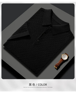 Business High-End Quality Men's Silk Pullover Short Sleeved POLO Neck Solid Color Breathable T-Shirt Knit Bottom Top 2023 Summer