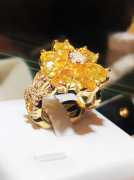 💋 New Women's Ring Yellow Zircon Flower - Silver Plated
