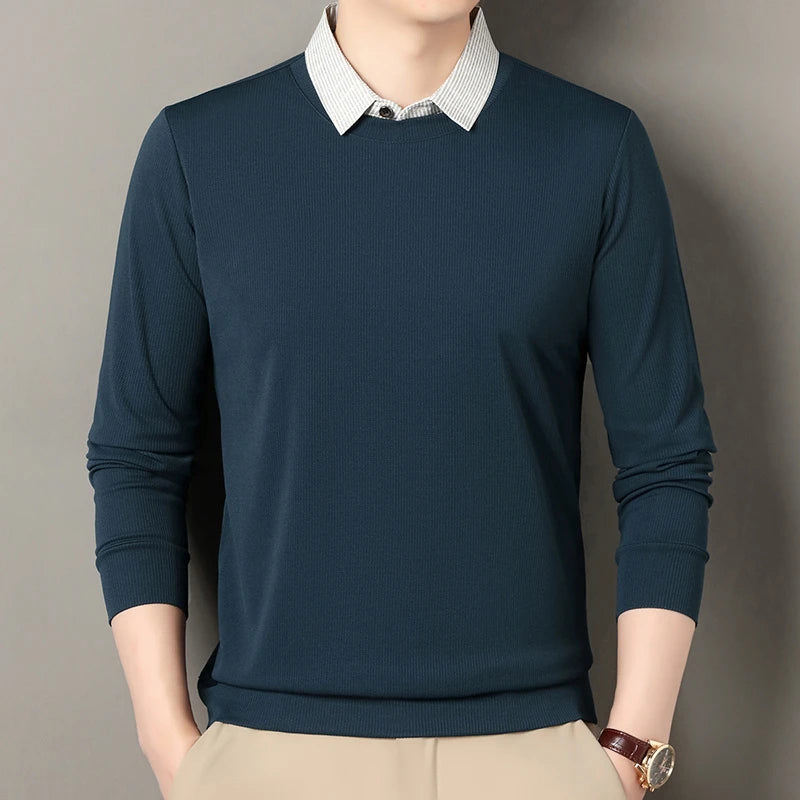 2026 New Men's Fake Two Piece Polo Shirt Casual Fashion Long Sleeve Collar T-shirt Versatile Top