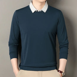 2026 New Men's Fake Two Piece Polo Shirt Casual Fashion Long Sleeve Collar T-shirt Versatile Top