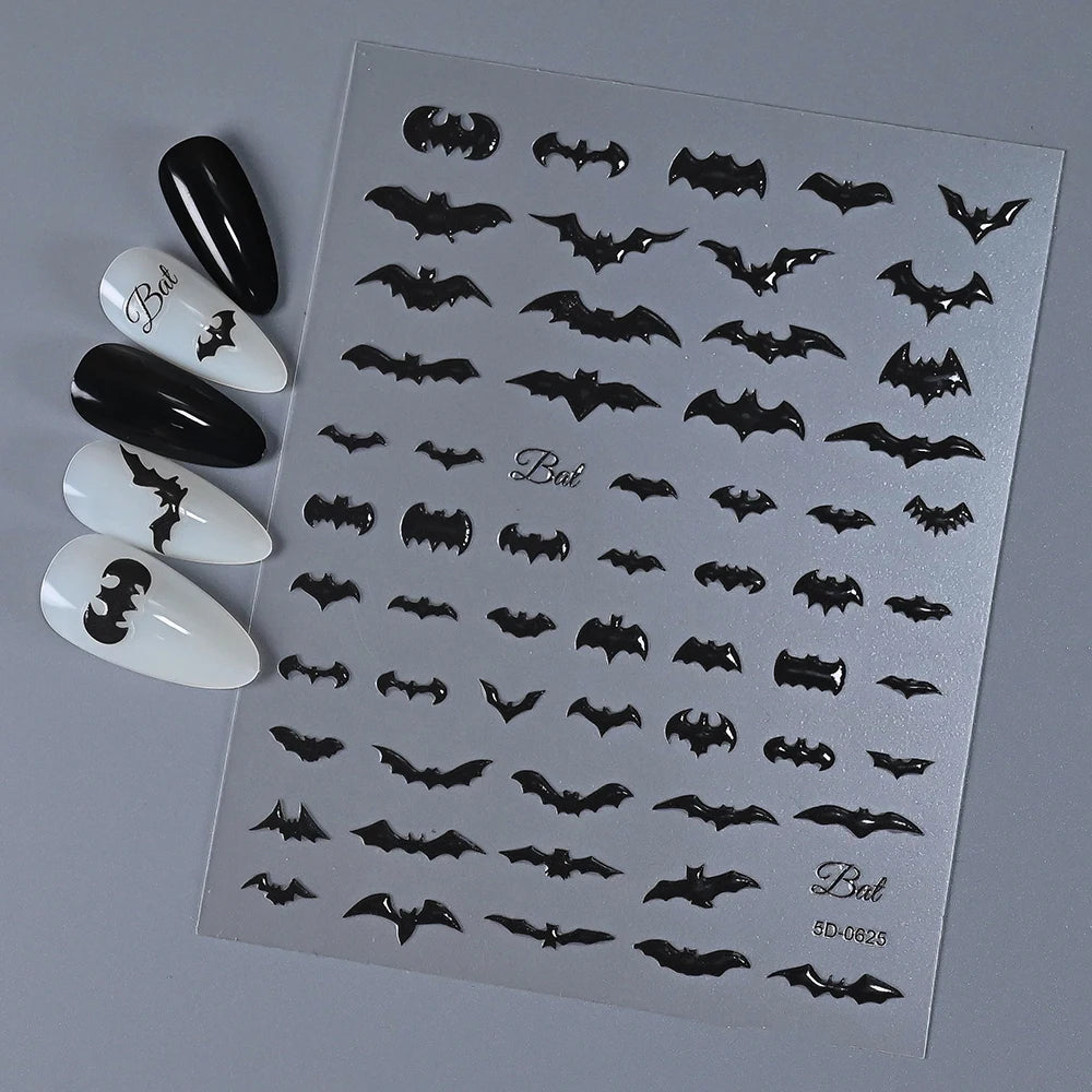 5D Skeleton Bat Halloween Nail Art Stickers y2k Black Bat White Skull Adhesive Emobossed Nail Decorative Decals Halloween Slider