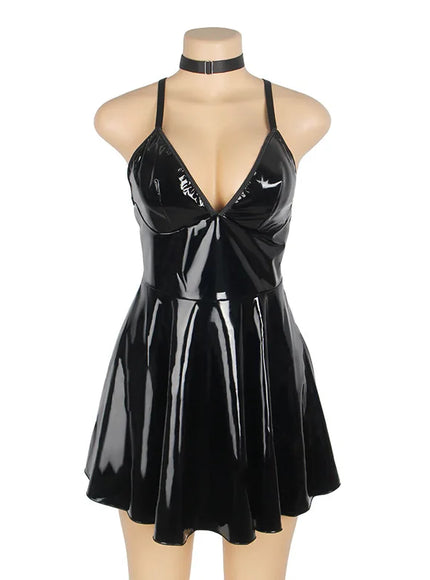 Sexy Women Hot Girl Shiny Black PU Faux Leather Dress For Clubwear Nightwear Party Dress Show Mini Dress From M-3XL