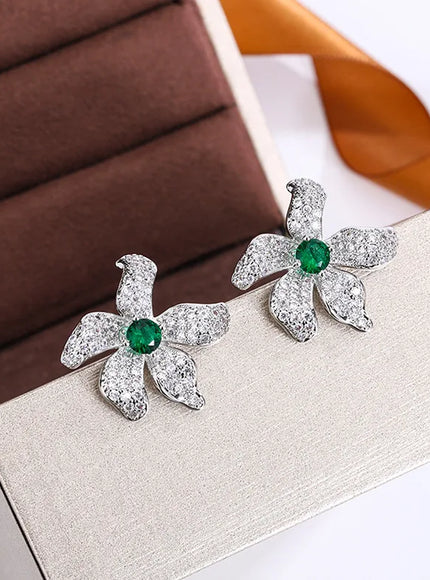 KissIcon Beautiful 925 Silver Earrings - Green Zircon Flower
