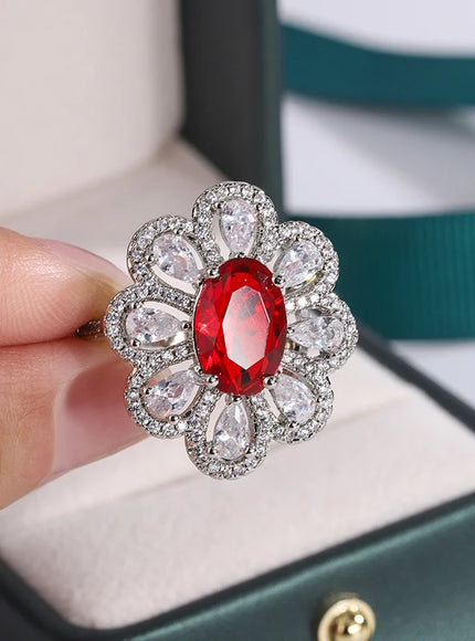 Fashion Drop Pendant Pear-shaped Zirconia Ring 925 Stamp High Quality Jewellery Imitation Natural Pigeon Blood Ruby Oval Ring
