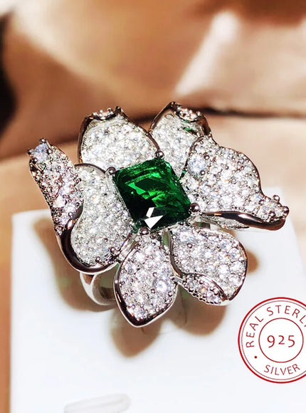 KissIcon Luxury 925 Silver Ring Flower Jewelry Green Zircon