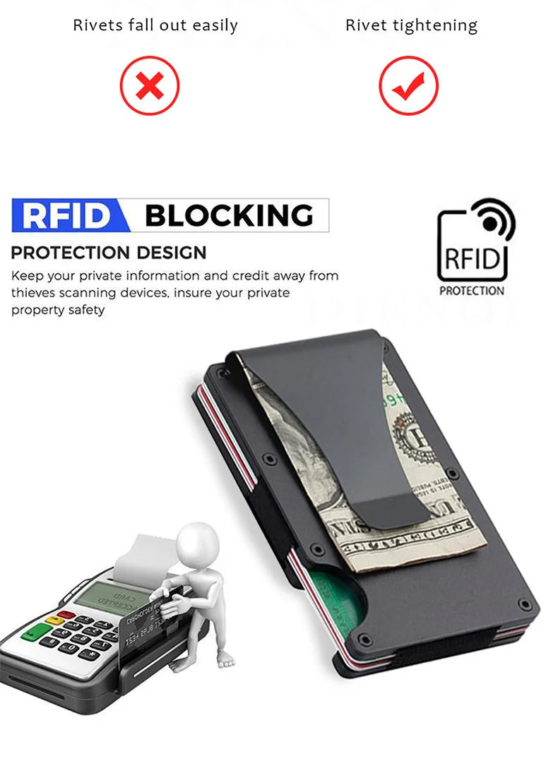 Minimalist  Wallet for Men, Money Clip Cash Strap Wallet, RFID Blocking Metal Wallet Aluminum Card Holder(Carbon Fiber)
