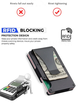 Minimalist  Wallet for Men, Money Clip Cash Strap Wallet, RFID Blocking Metal Wallet Aluminum Card Holder(Carbon Fiber)
