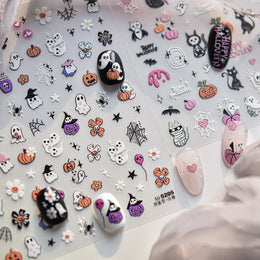 Cute Halloween 5D Nail Art Sticker Ghosts Spooky Spider Webs Evil Pumpkin Faces Festive Balloons Floral Stars Fun Scary Decals