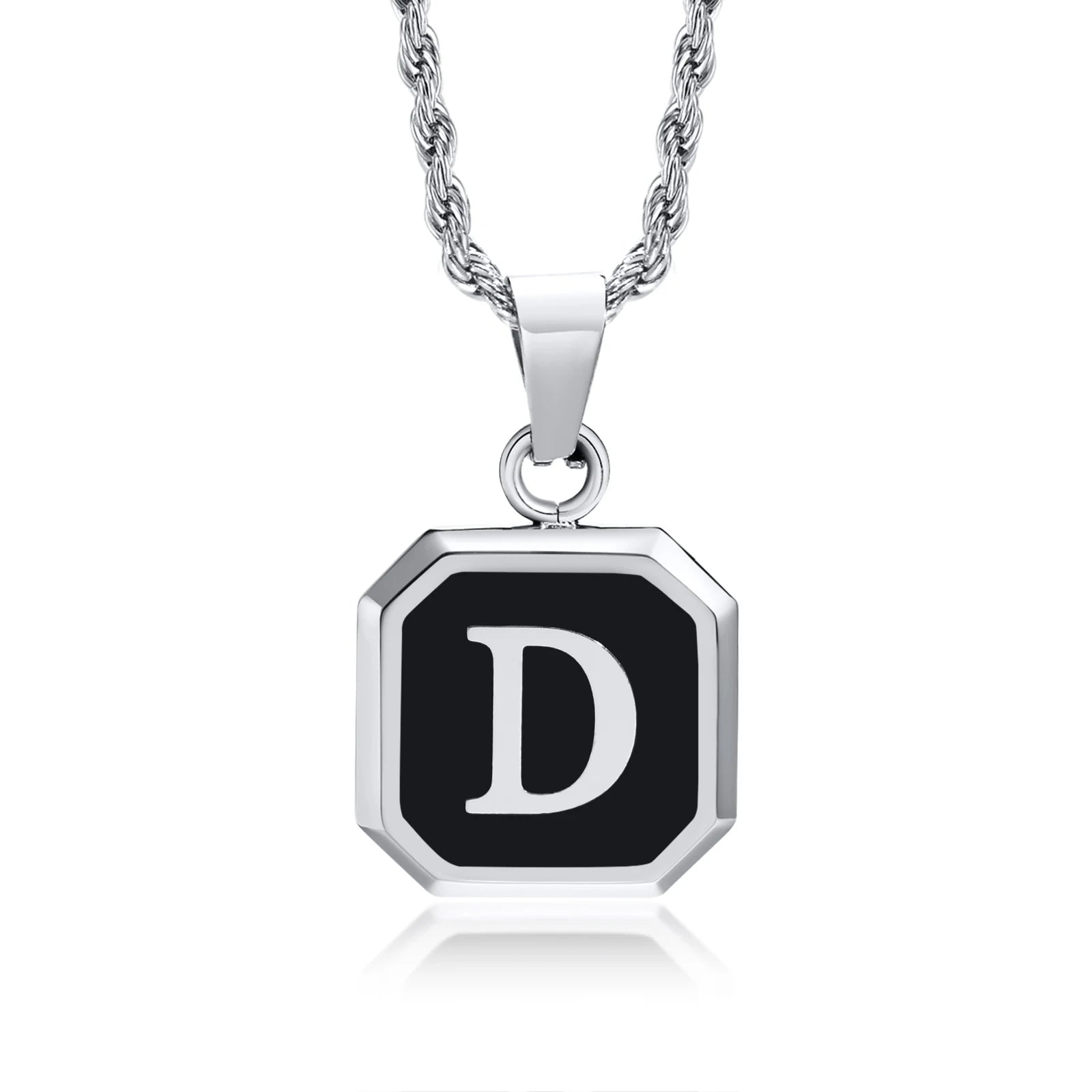 Initials Necklaces for Men Women,A-Z 26 Letters Black Square Stainless Steel Pendant Collar,45-60CM Twisted Rope Chain Gifts