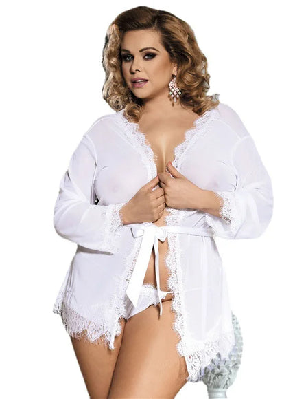 High Quality Women's Sheer Mesh Robe Set Transparent V Neck Sleepwear Nightgown Plus Size Sexy Babydoll Lingerie with Panties