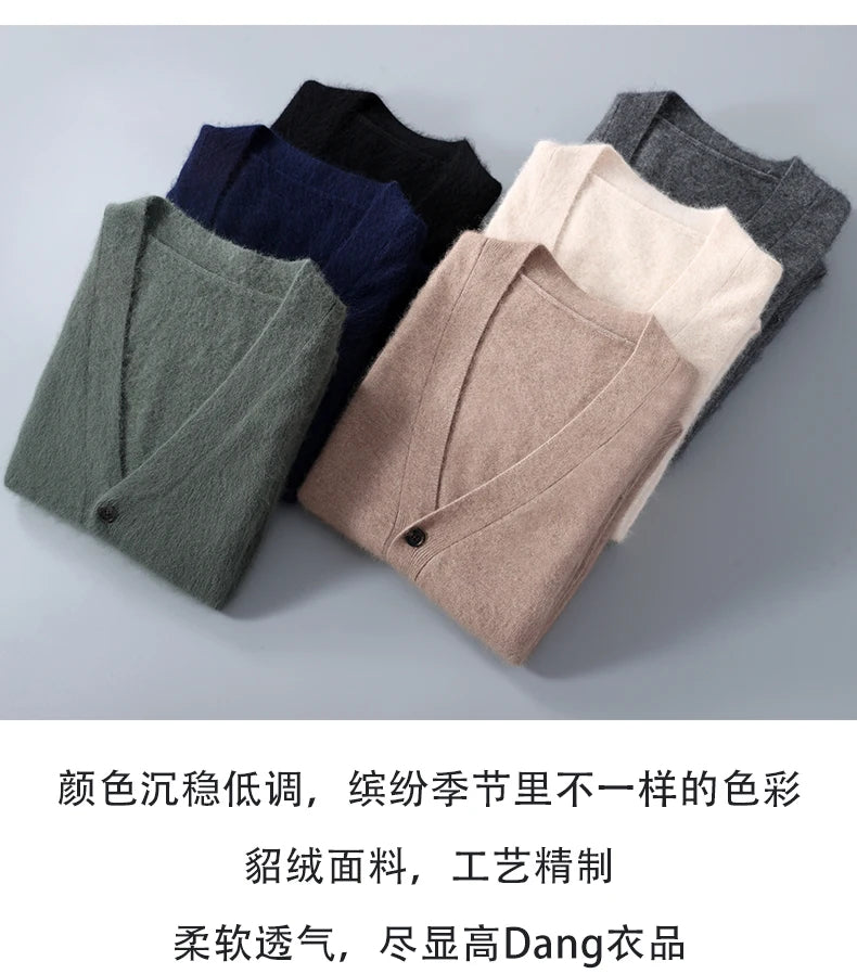 2025 Autumn Winter New Cardigan Men's V-Neck Top 100% Mink Cashmere Knitted Sweater Casual Loose Large Long Sleeved Shirt Jacket