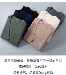 2025 Autumn Winter New Cardigan Men's V-Neck Top 100% Mink Cashmere Knitted Sweater Casual Loose Large Long Sleeved Shirt Jacket