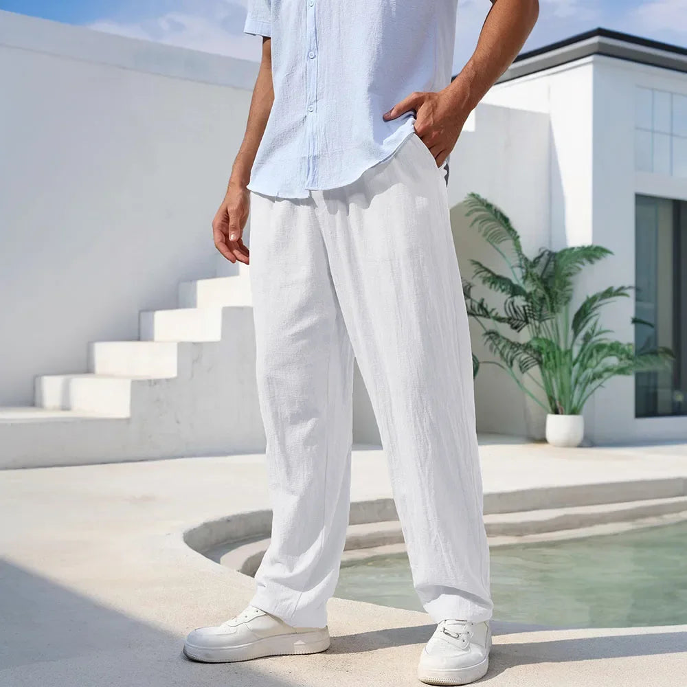 Men's Cotton Linen Pants Straight Leg Lightweight Breathable Comfortable Trousers Beach Style Solid Color Casual Cozy Sweatpants