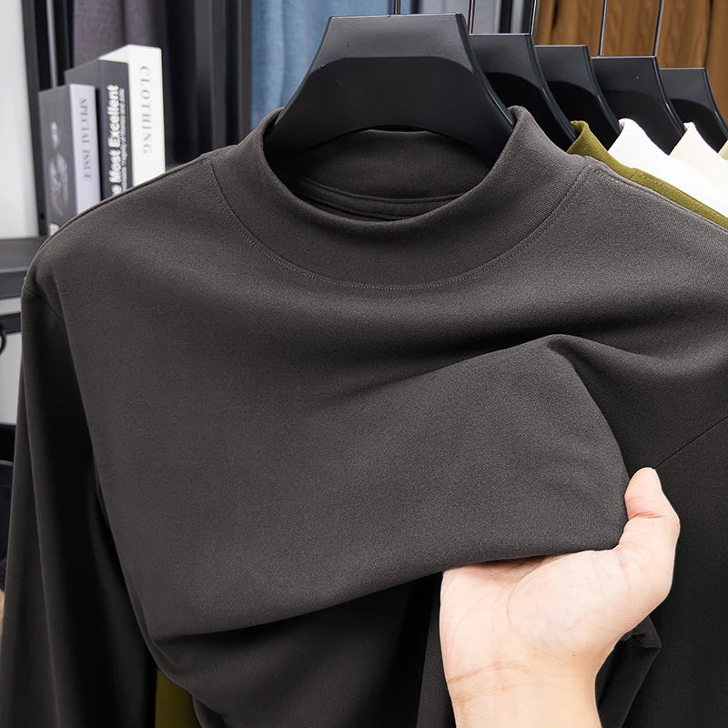 2026 New Men's Casual Solid Color High Collar Velvet Long Sleeve T-shirt Spring and Autumn Versatile Comfortable Top