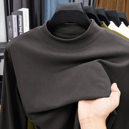 2026 New Men's Casual Solid Color High Collar Velvet Long Sleeve T-shirt Spring and Autumn Versatile Comfortable Top