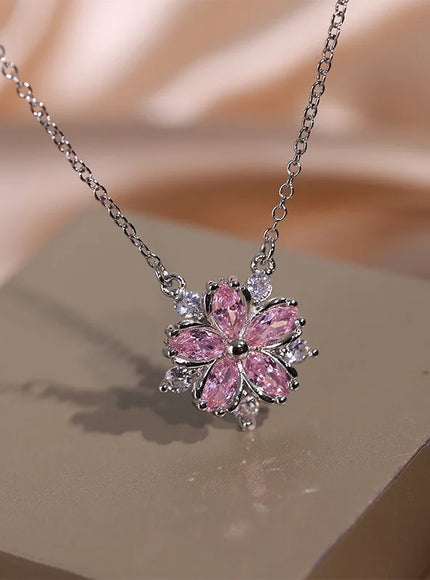 KissIcon Cherry Blossom Pendant Necklace Pink Zircon Shine