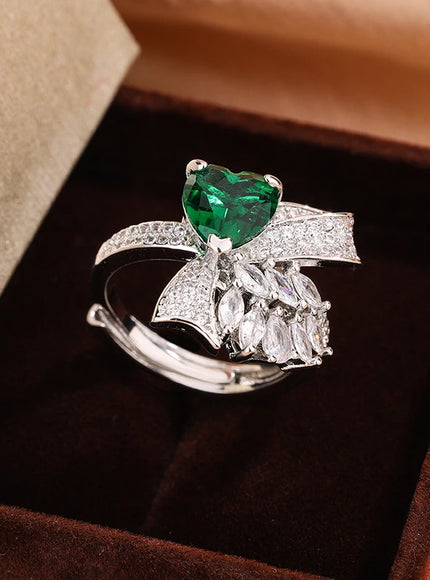 Exquisite Silver Plated Ladies Green Heart Zircon Bow Ring