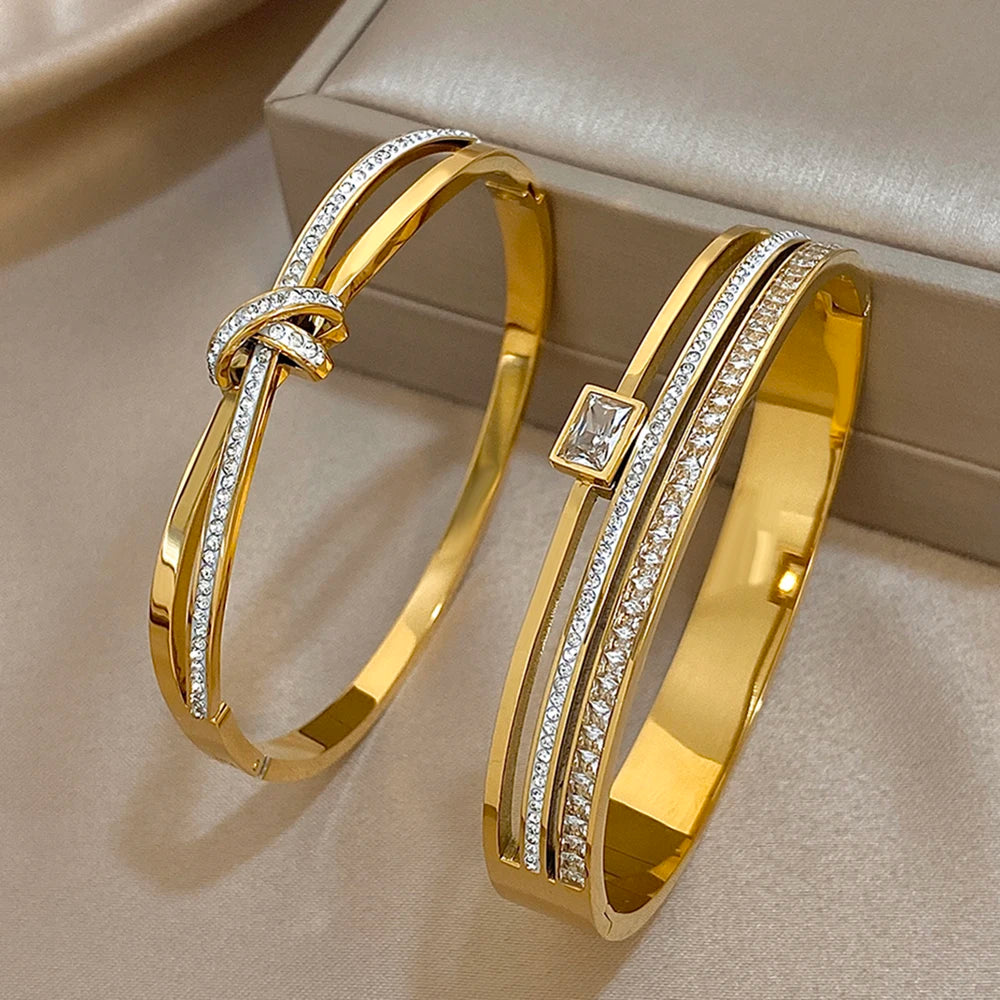 Luxury Stainless Steel Cuff Bracelet Bangle Set for Women Men Gold Plated Bracelets Inlaid White Rhinestone Wide Bangles Gift