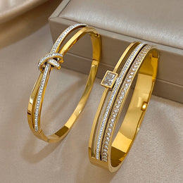 Luxury Stainless Steel Cuff Bracelet Bangle Set for Women Men Gold Plated Bracelets Inlaid White Rhinestone Wide Bangles Gift