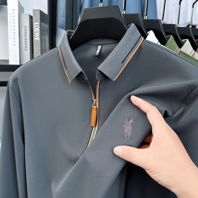 Men's Cotton Long Sleeved T-shirt with Collar Polo Shirt High-end Embroidered Top Autumn Loose Base Shirt