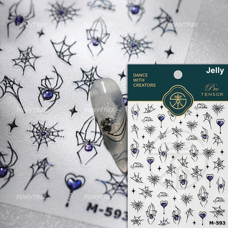Shiny Silver Spider Web Insect Butterfly Dark Black Rose Flowers Ladybug Cicada Horrible Halloween Y2K Nail Art Stickers Decals