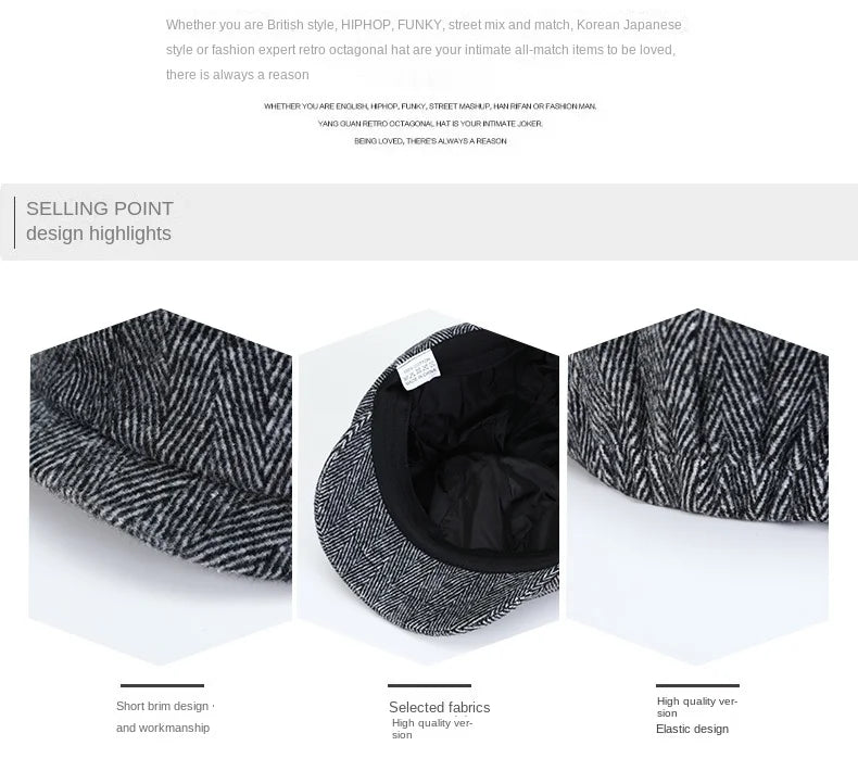 Men's Tweed British Newsboy Hat Herringbone Gatsby Hat Street Hats Octagonal Brim Hat Four Seasons Hip Hop Beret Painter Hat