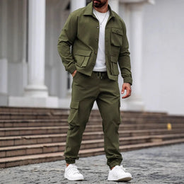 Spring and Autumn Men's fashionable new sporty workwear style solid color multi-pocket design long-sleeved long pants set