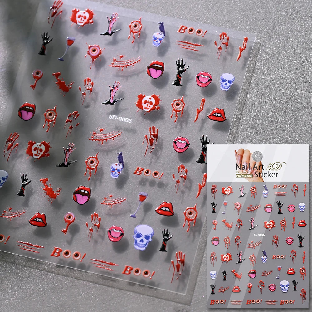 5D Skeleton Bat Halloween Nail Art Stickers y2k Black Bat White Skull Adhesive Emobossed Nail Decorative Decals Halloween Slider