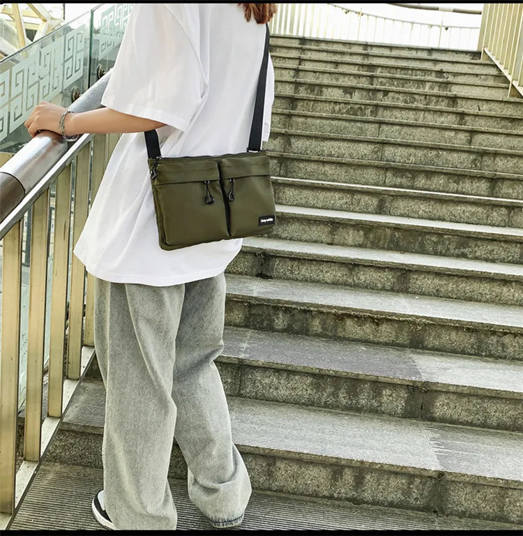 Casual Sporty Black Crossbody Bag Men's Messenger Bag Green Cloth Small Square Bag Suitable for Work Versatile Shoulder Bag