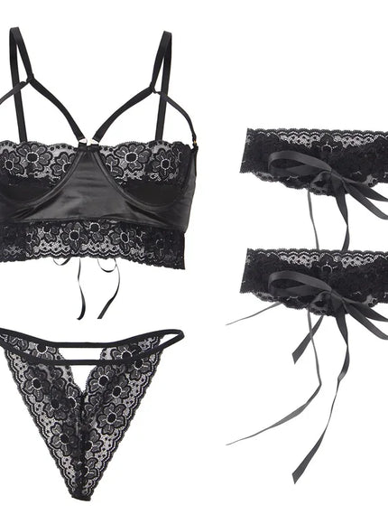 Plus Size High Quality Faux Leather sexy women lingerie sets pajama sets Bra and Panties Set for woman ladies with Leg loop