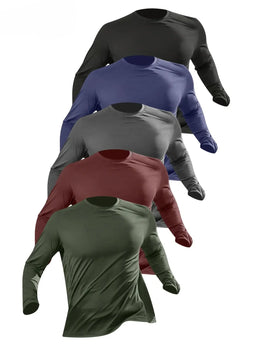5-piece men's solid color round neck long sleeved T-shirt, versatile design, comfortable and fashionable
