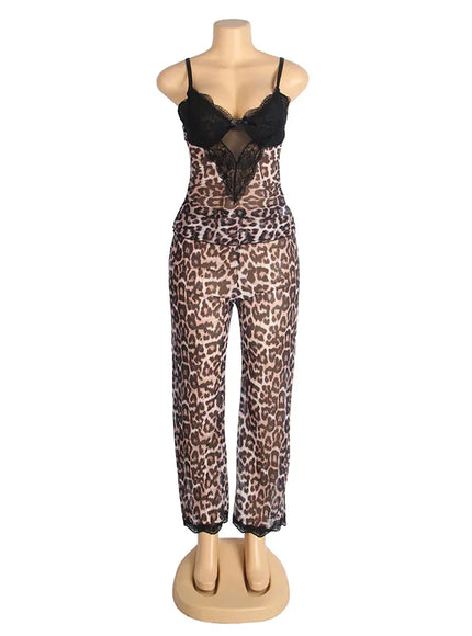 Sexy Satin Pajama Set Leopard Print Spaghetti Strap Top With Lace Trim And Elastic Pant Soft Sleepwear Nightwear from M-5XL