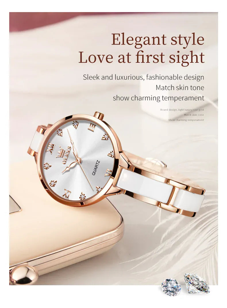 KissICON OLEVS 5872 Luxury Women's Watches Elegant Fashion Ceramic Strip Waterproof Japan Imports Quartz Watch Dress Lady Watch Simple