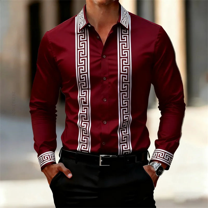 Men's Retro Geometric Print Shirt, Stylish Long-Sleeve Black Shirt, Business Casual Men's Top, Multiple Colors Available, XS-6XL
