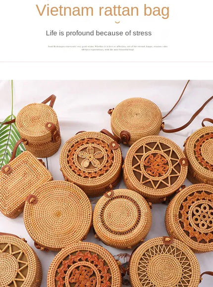 Hand-woven Straw Rattan Small Round Shoulder Crossbody